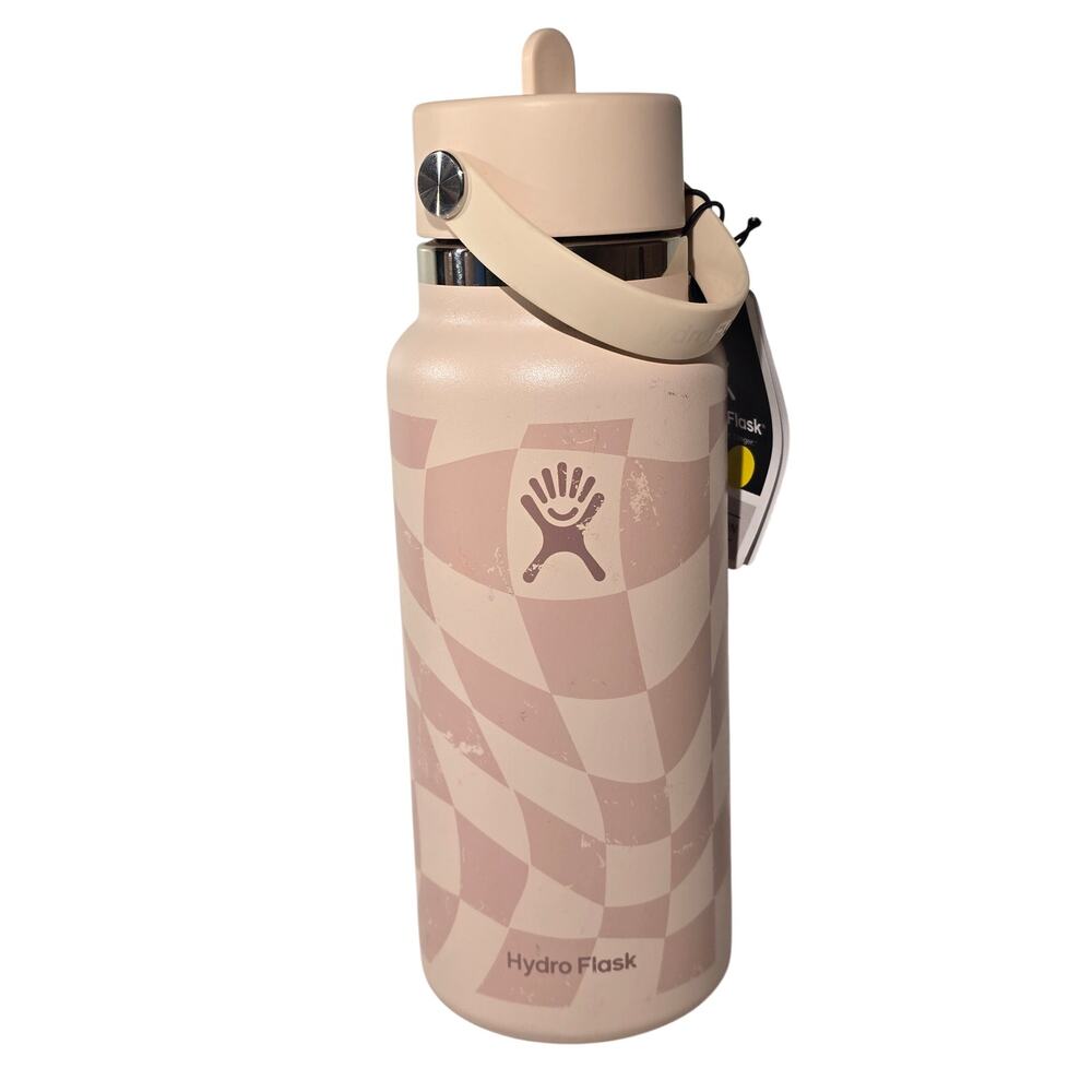 Hydro Flask 32oz Wide Mouth Bottle Straw Lid Checked Ecru Limited NEW NWT